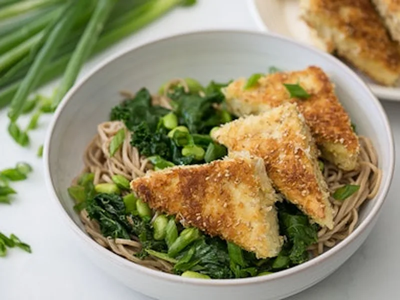 Asian Kale and Edamame Soba Noodle Salad with Crispy Tofu