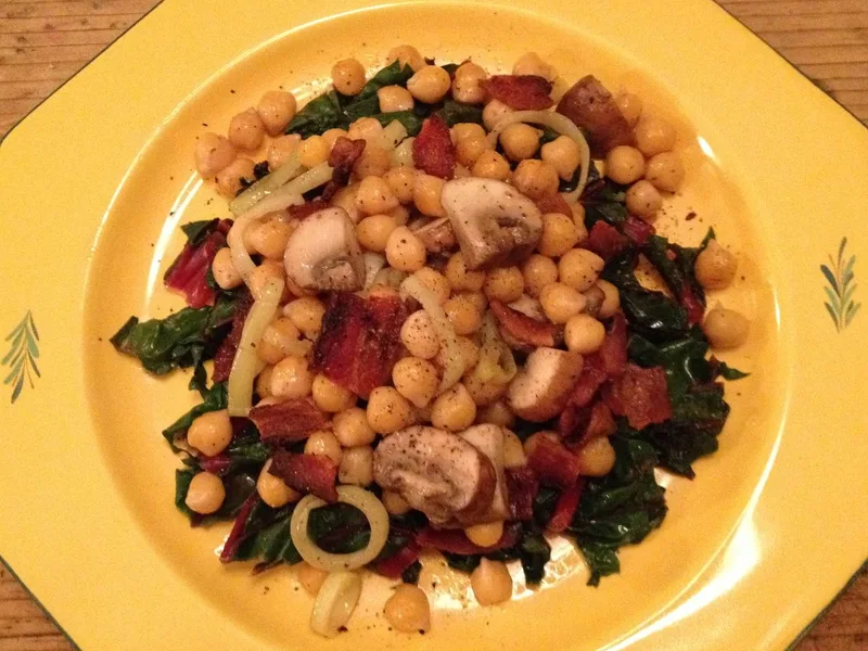 Pan-Fried Chickpeas, Mushrooms and Leeks over Lemony Swiss Chard