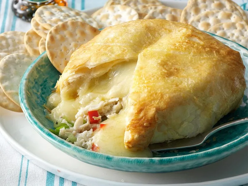 Baked Phyllo-Wrapped Crab-Brie Cheese Ball with Crackers