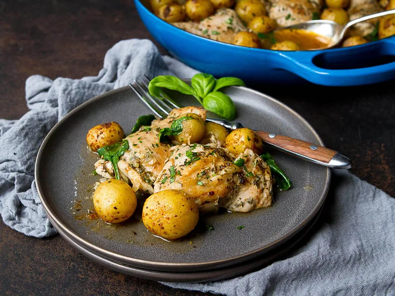 One-Pot Braised Chicken Thighs with Herbs and Potatoes