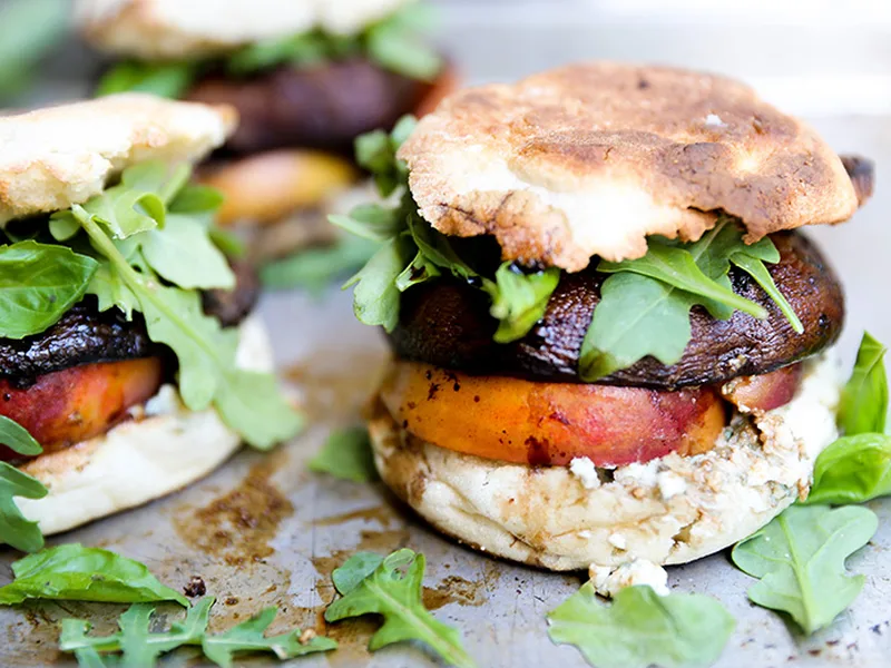 Roasted Portobello and Peach Sandwiches with Basil and Blue Cheese