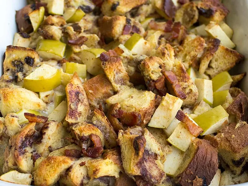 Apple Raisin Breakfast Casserole with Bacon and Cinnamon Bread