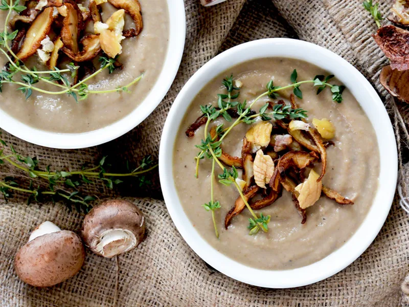 Creamy Mushroom Chestnut Bisque with Crispy Mushroom Topping