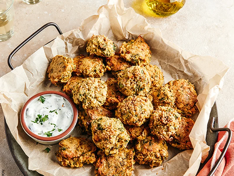 Baked Falafel with Greek Yogurt and Olive Sauce