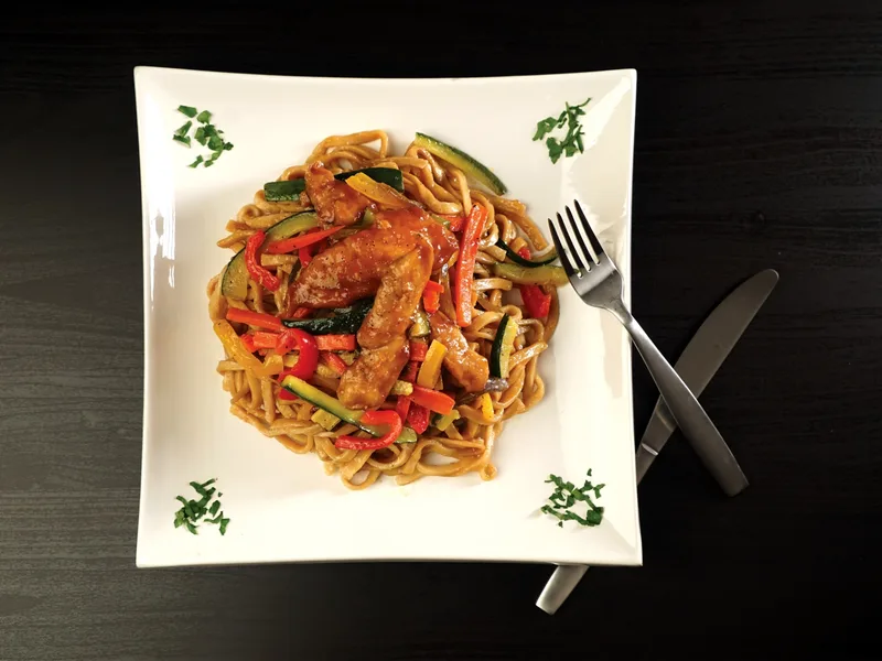 Honey-Garlic Chicken Noodle Stir-Fry with Crispy Vegetables