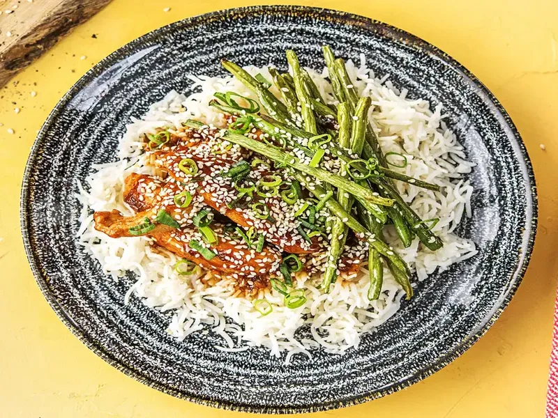 Soy-Glazed Chicken Tenders with Jasmine Rice and Sesame Green Beans