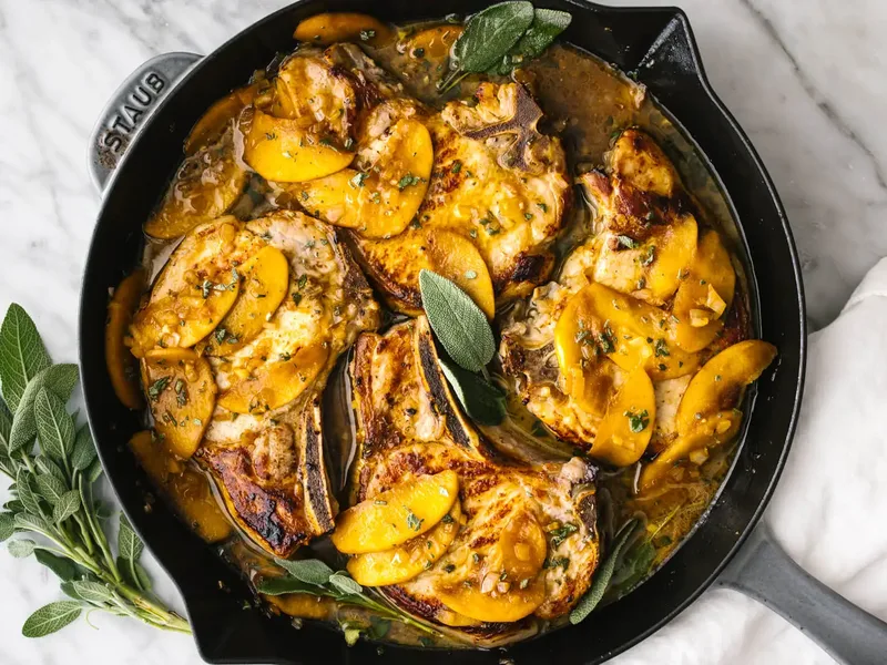 Brined Apple Cider Sage Pork Chops with Caramelized Apples