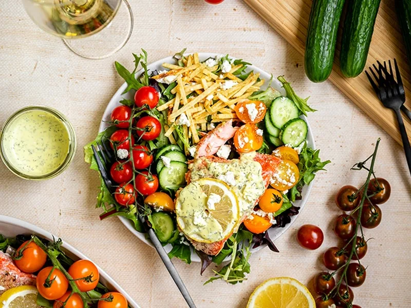 Baked King Salmon Salad with Lemon Dill Dressing