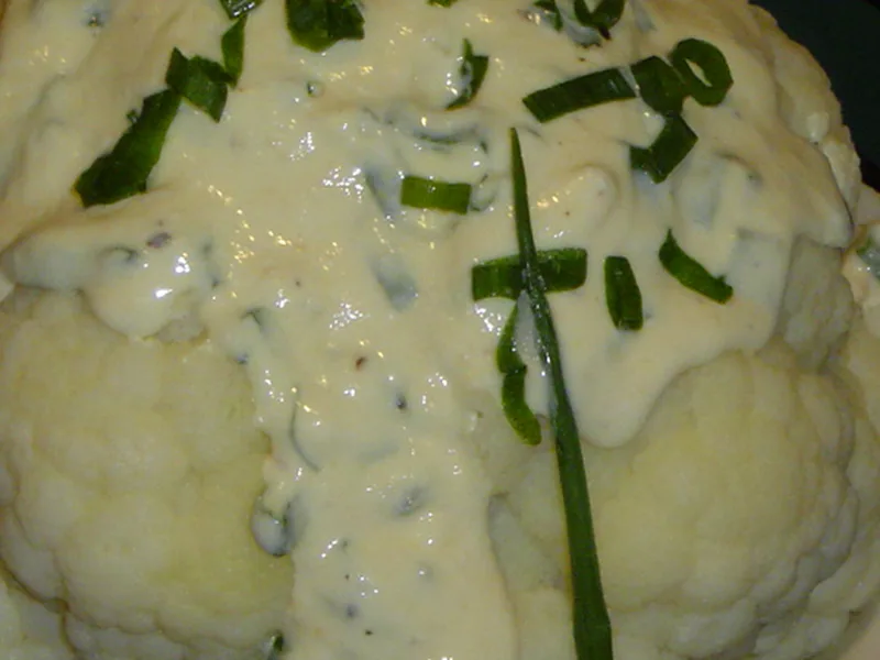 Steamed Whole Cauliflower with Lemon-Dijon Yogurt