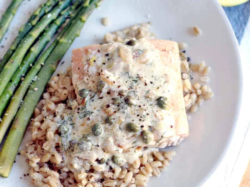 Garlic Poached Salmon with Lemon Caper Yogurt Sauce