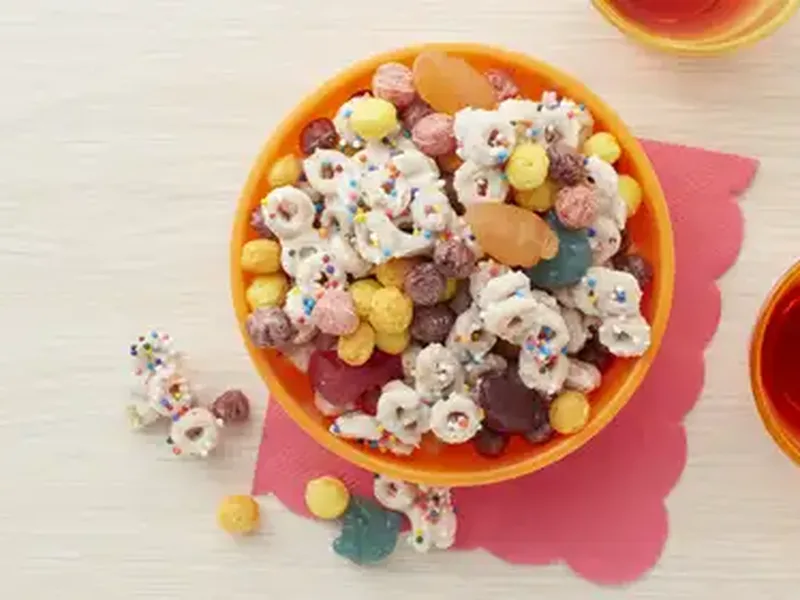 Trolls Rainbow Cereal Snack Mix with Vanilla Coating