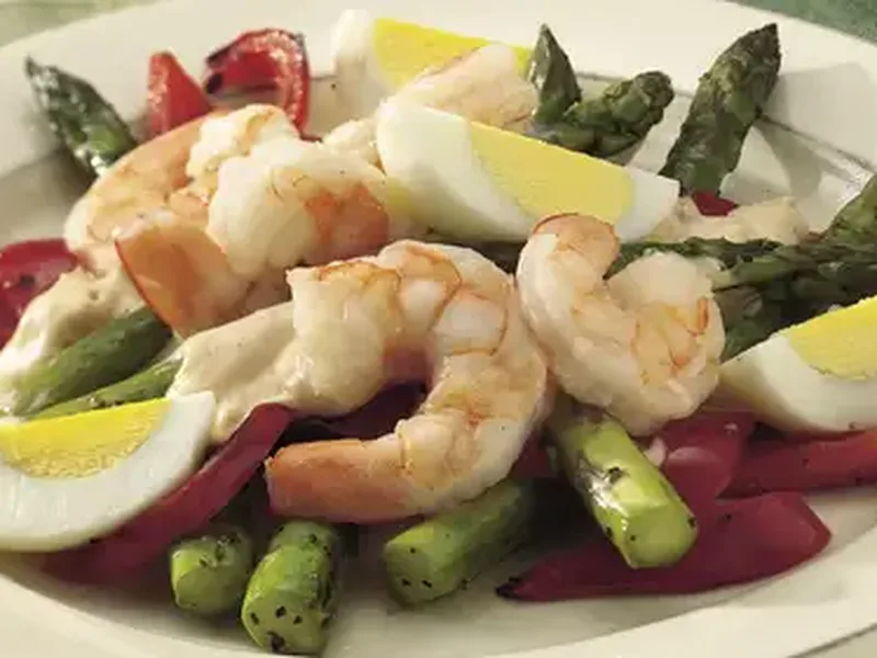 Warm Shrimp and Fresh Asparagus Salad with Garlic Mayo