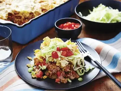 Friday Night Nacho Bake with Ground Beef and Pepper Jack