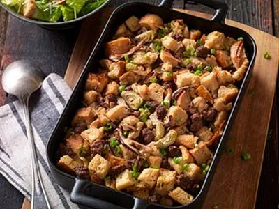 Beef Sausage Wild Mushroom Bread Pudding