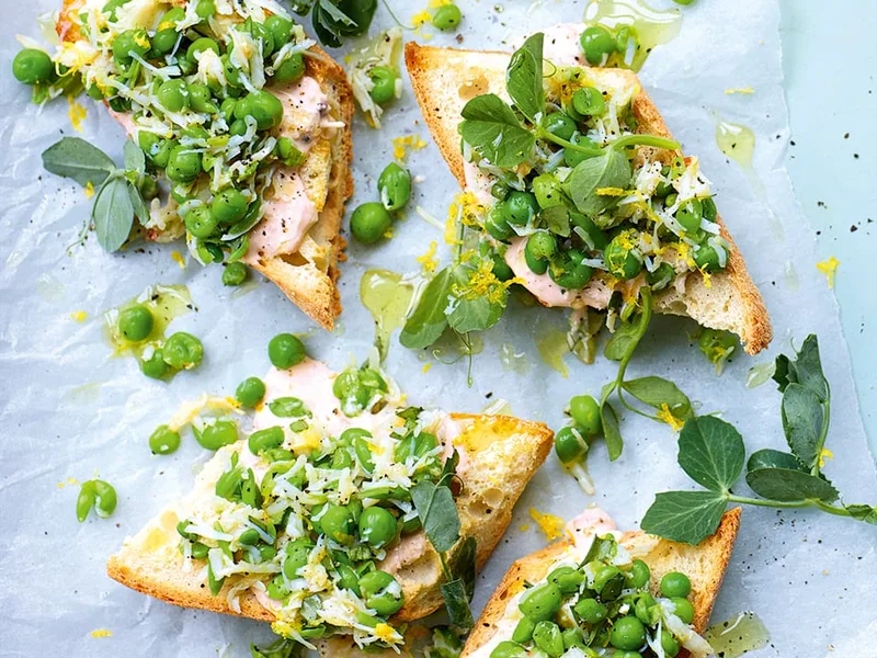Grilled Crab and Pea Crostini with Tarragon