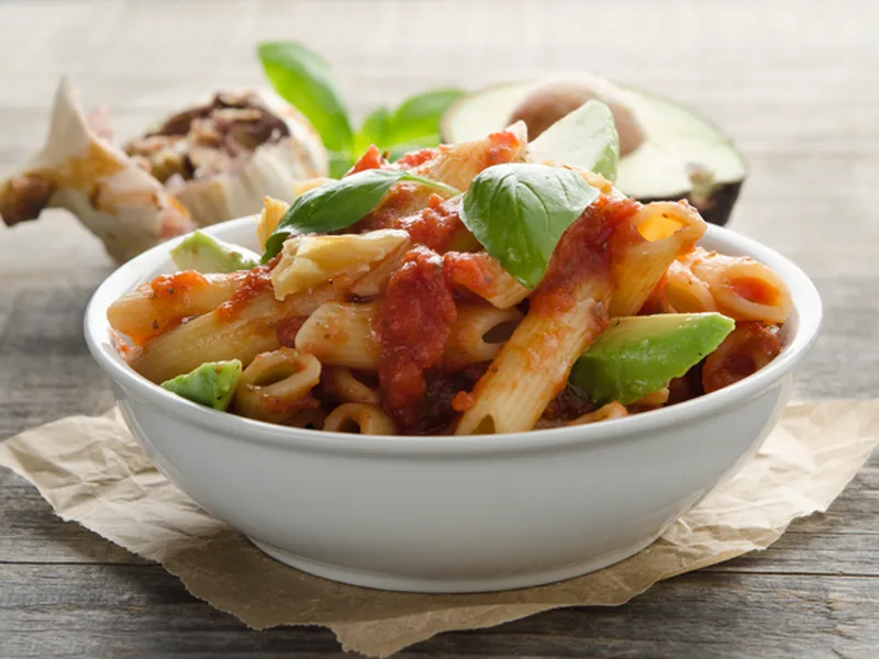 Roasted Tomato Penne with Avocado and Fresh Basil