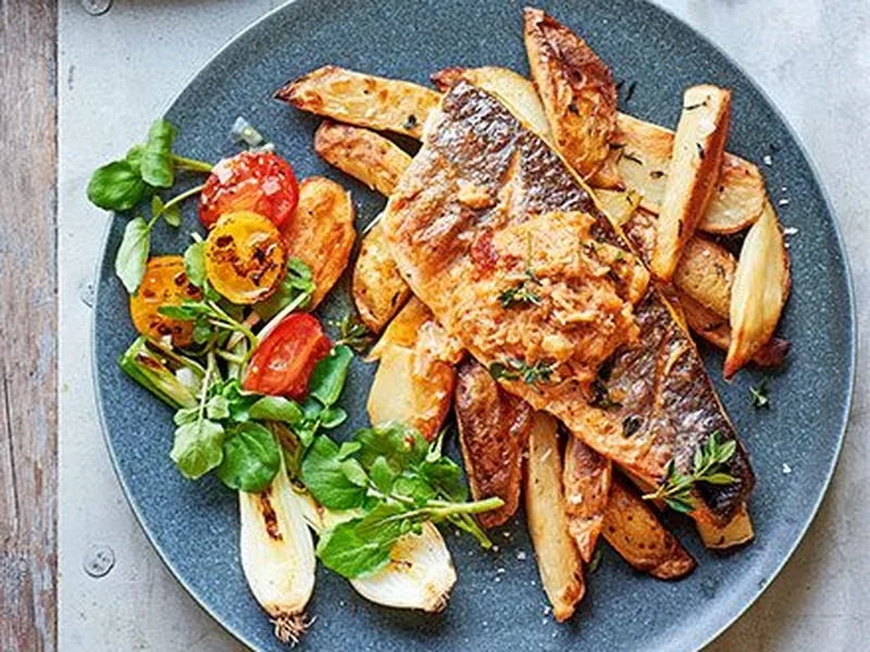 Grilled Sea Bass with Crisp Potato Skins and Crab Butter