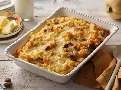 Italian Sausage Macaroni Casserole with Cheddar and Tomatoes