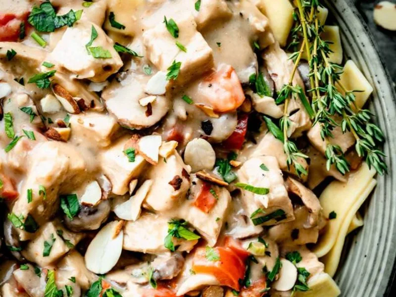 Chicken a la King with Pappardelle and Mushroom Cream Sauce