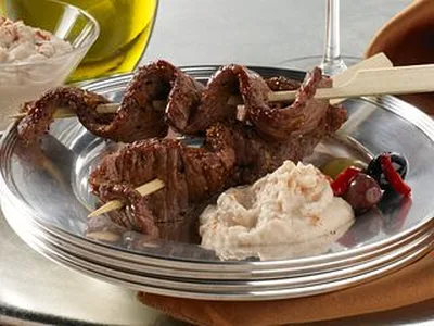 Broiled Beef Skewers with Garlicky White Bean Dip