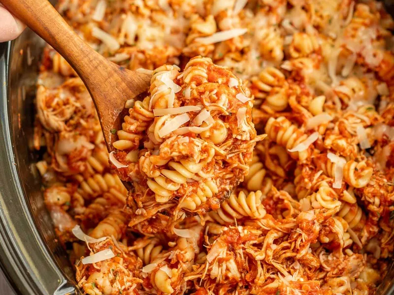 Slow Cooker Chicken Parmesan Pasta with Toasted Breadcrumbs
