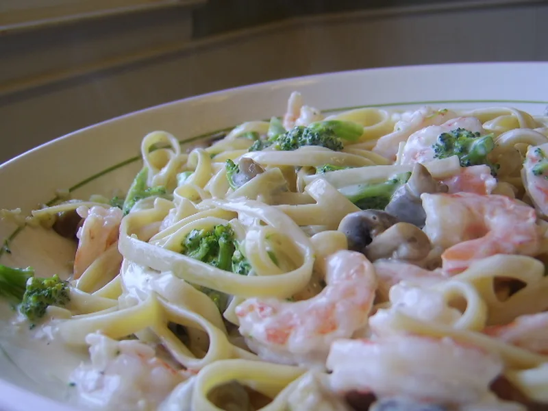 Shrimp Fettuccini Alfredo with Sautéed Mushrooms