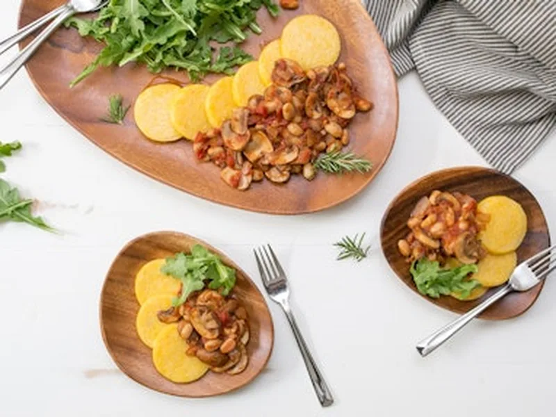 Tomato Braised White Beans & Mushrooms over Polenta