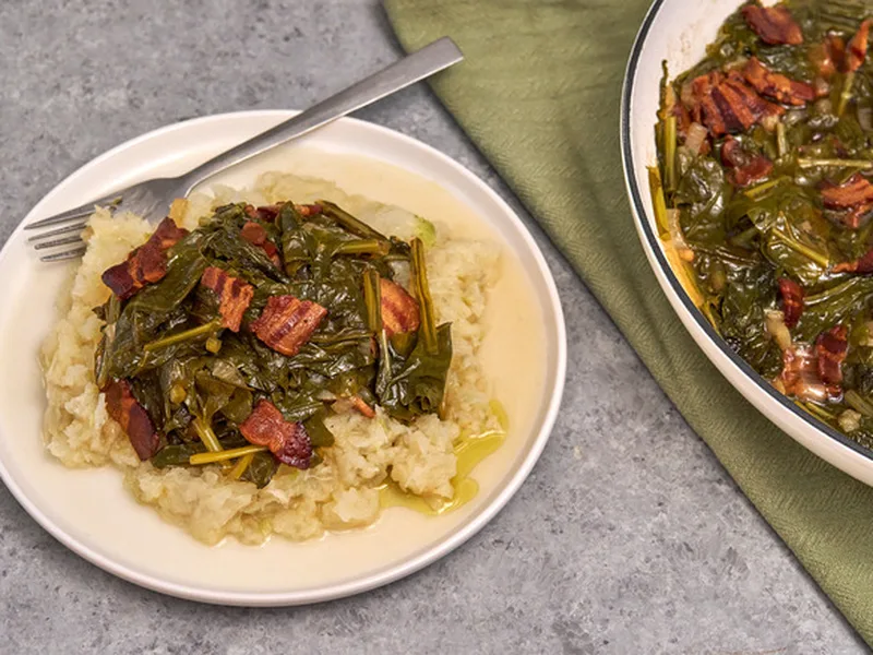 Bacon Turnip Greens and Mash