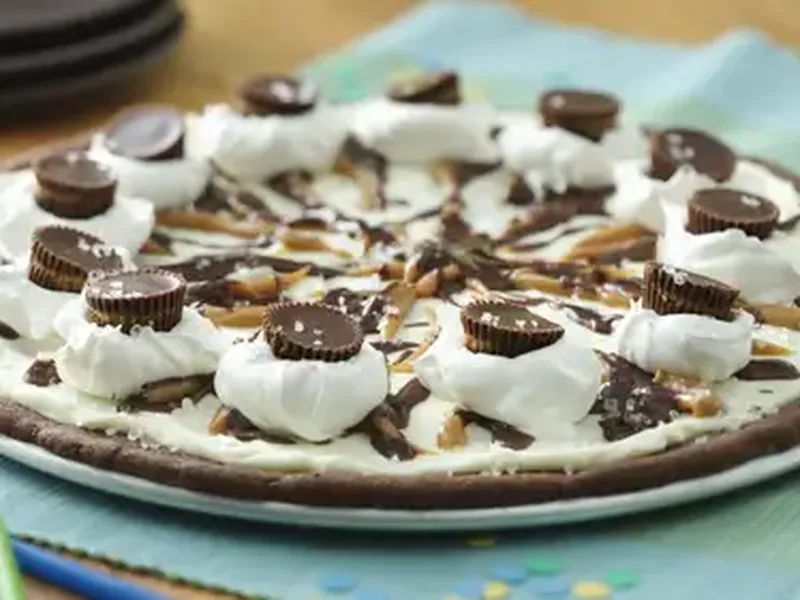 Chocolate Peanut Butter Cookie Pizza with Hot Fudge Drizzle