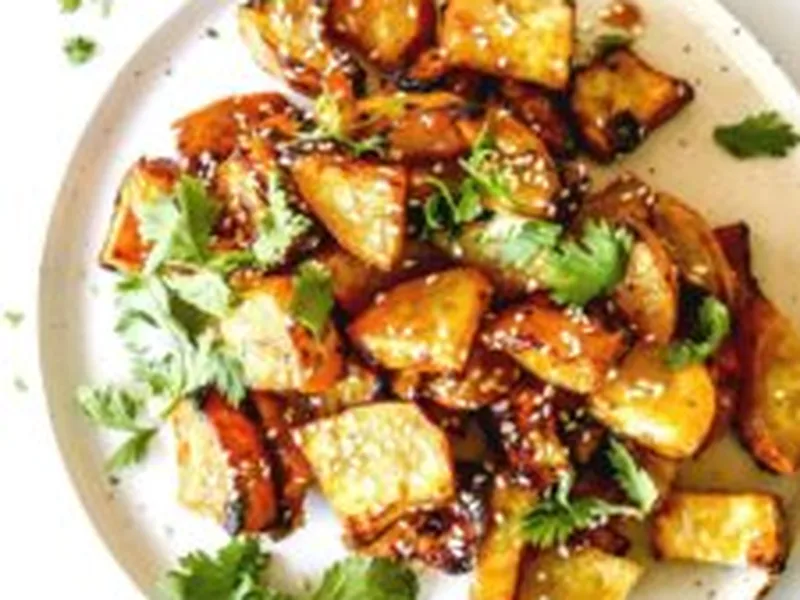 Miso Glazed Air Fryer Sweet Potatoes with Sesame Seeds