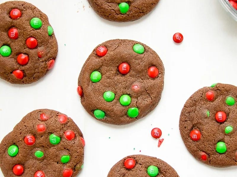 Chocolate M&M Cookies with Mini Christmas Candies