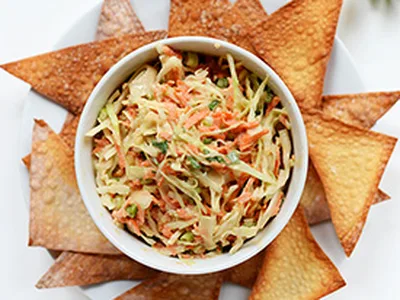 Creamy Thai Peanut Slaw with Crispy Baked Wonton Chips