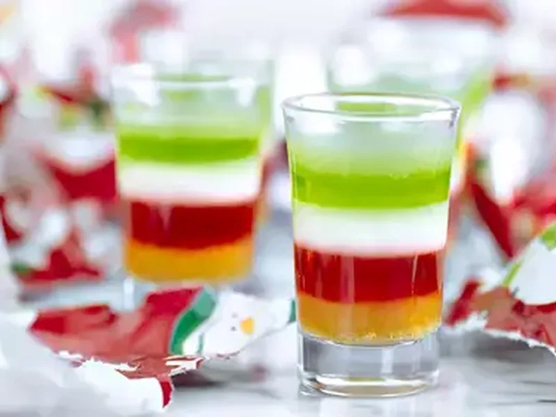 Five-Layer Holiday Jello Shots with Vodka and Sprinkles