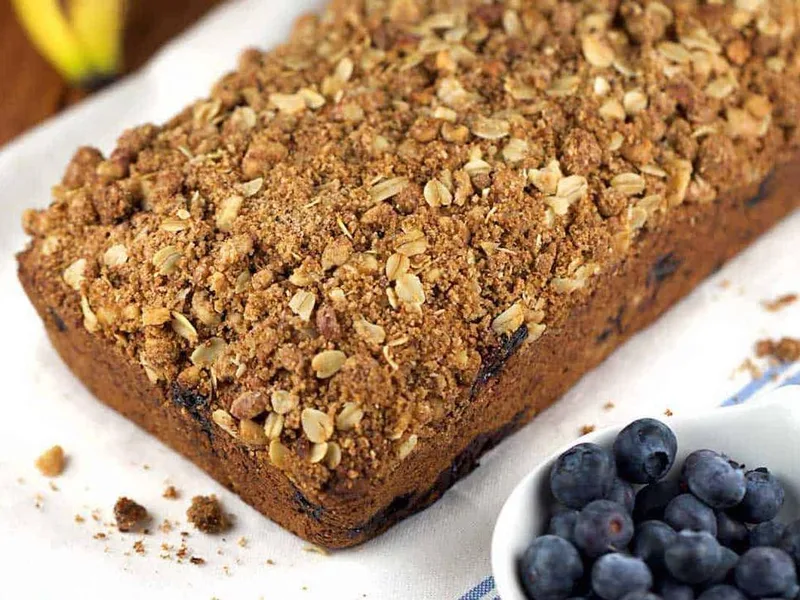 Whole Wheat Blueberry Banana Bread with Walnut Oat Crumble
