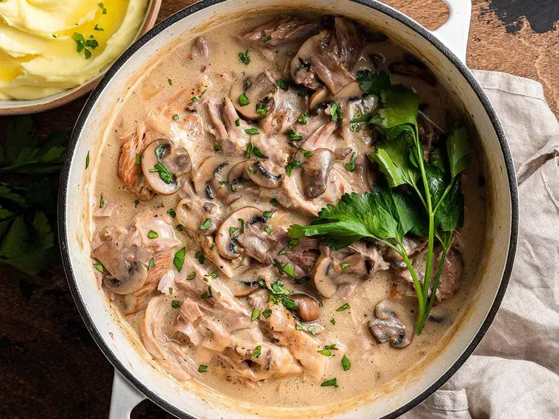 Braised Pork Shoulder with Mushroom Gravy - Tender Dutch Oven