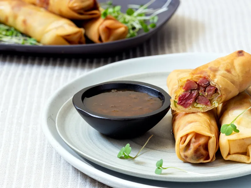 Pickled Tongue Spring Rolls with Apricot-Bourbon Dipping Sauce