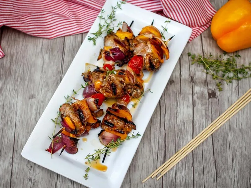 Bacon-Wrapped Maple Balsamic Chicken and Veggie Skewers
