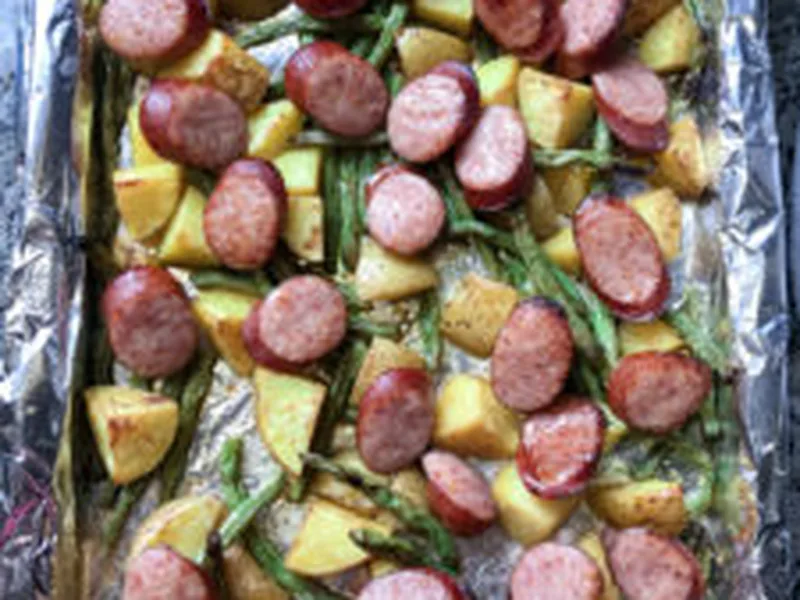 Sheet Pan Smoked Kielbasa with Herbed Potatoes and Green Beans