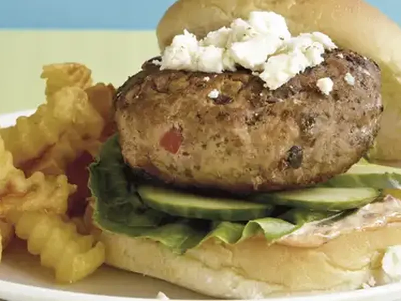 Mediterranean Turkey Feta Burgers with Roasted Red Pepper Mayo
