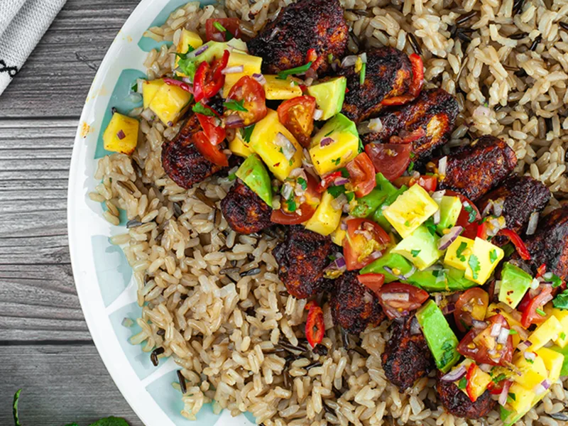 Jerk Quorn Fillets with Mango Avocado Salsa