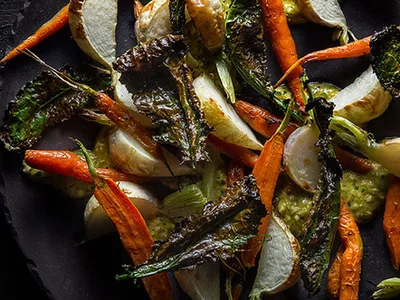 Shishito and Macadamia Romesco with Roasted Vegetables