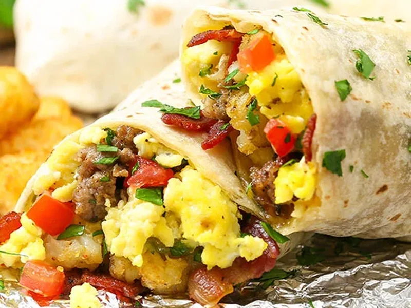 Loaded Breakfast Burritos with Bacon, Sausage and Tater Tots