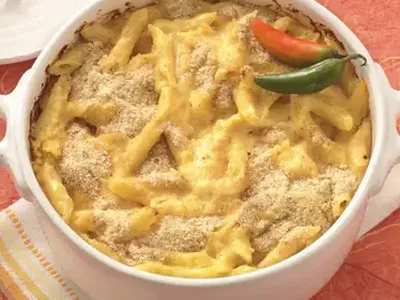 Baked Mexican Penne Mac and Cheese with Yogurt Sauce