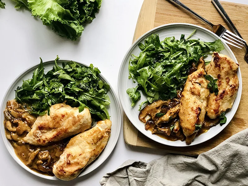 Pan-Seared Shiitake Honey Mustard Chicken with Arugula