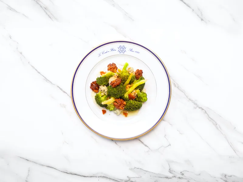 Steamed Broccoli with Candied Walnuts and Gorgonzola