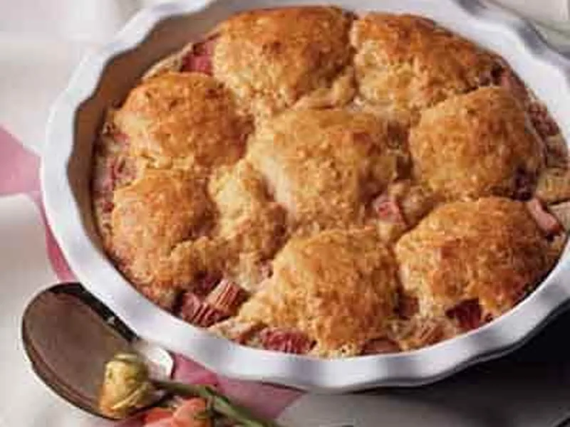 Spiced Rhubarb Custard Cobbler with Buttermilk Biscuits