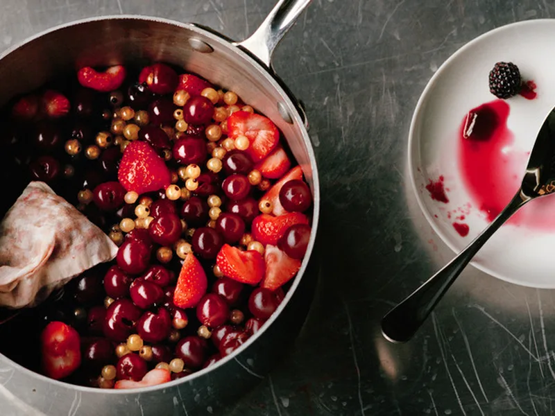 Mixed Berry Cherry Red Currant Jam with Warmed Sugar