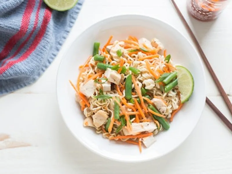 Spicy Sriracha Chicken Ramen Salad with Sesame Miso Dressing