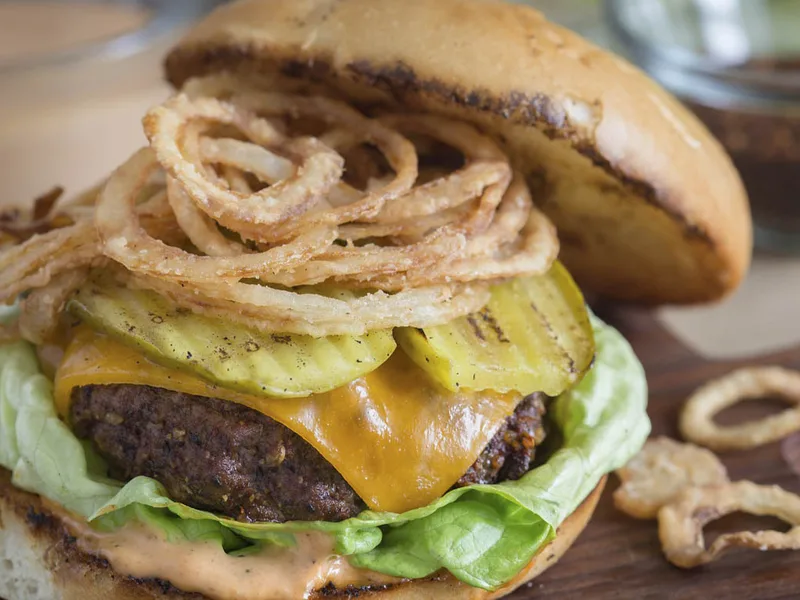 Cowboy Burger with Crispy Onion Straws & Grilled Pickles