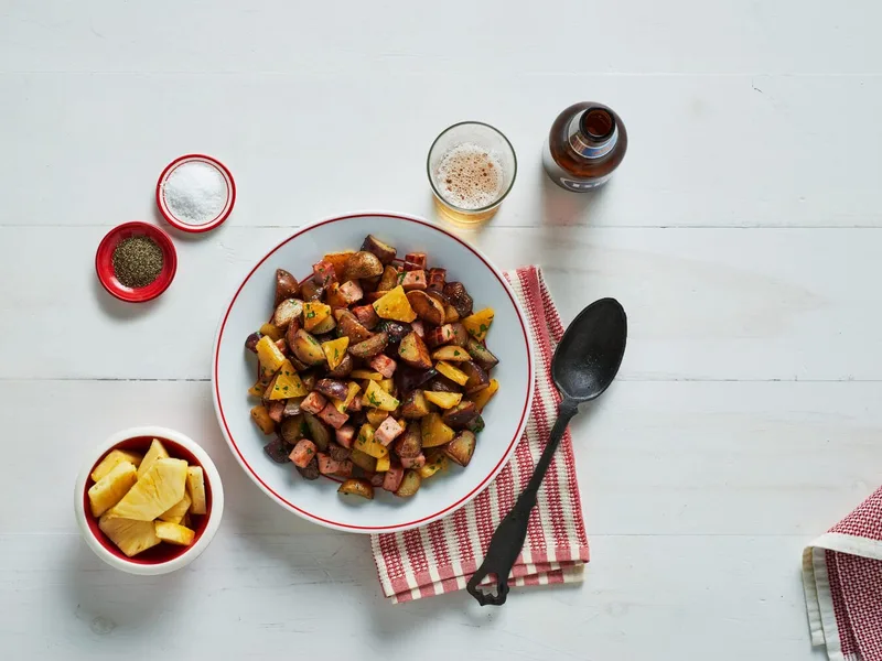Ham and Pineapple Pan-Fried Potatoes with Caramelized Fruit